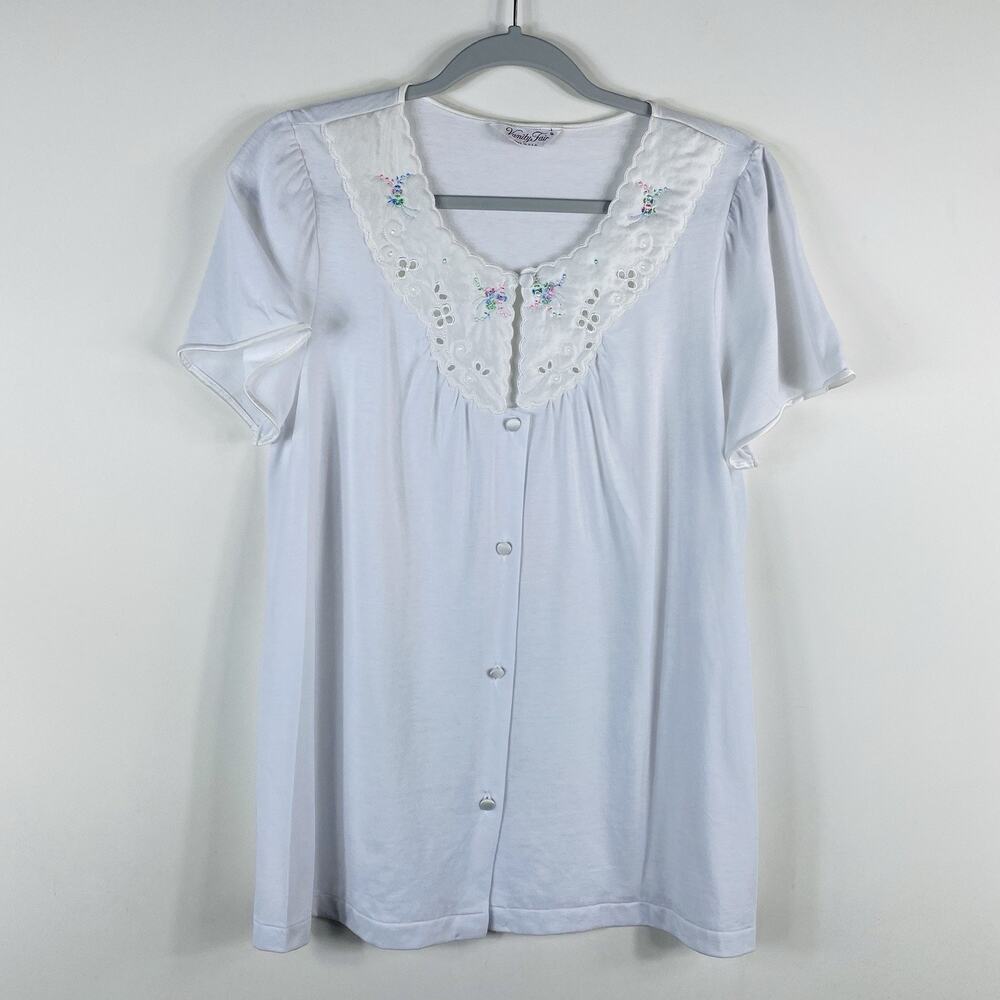 Vintage Vanity Fair Pajama Top Small White Floral Embroidered Made In USA